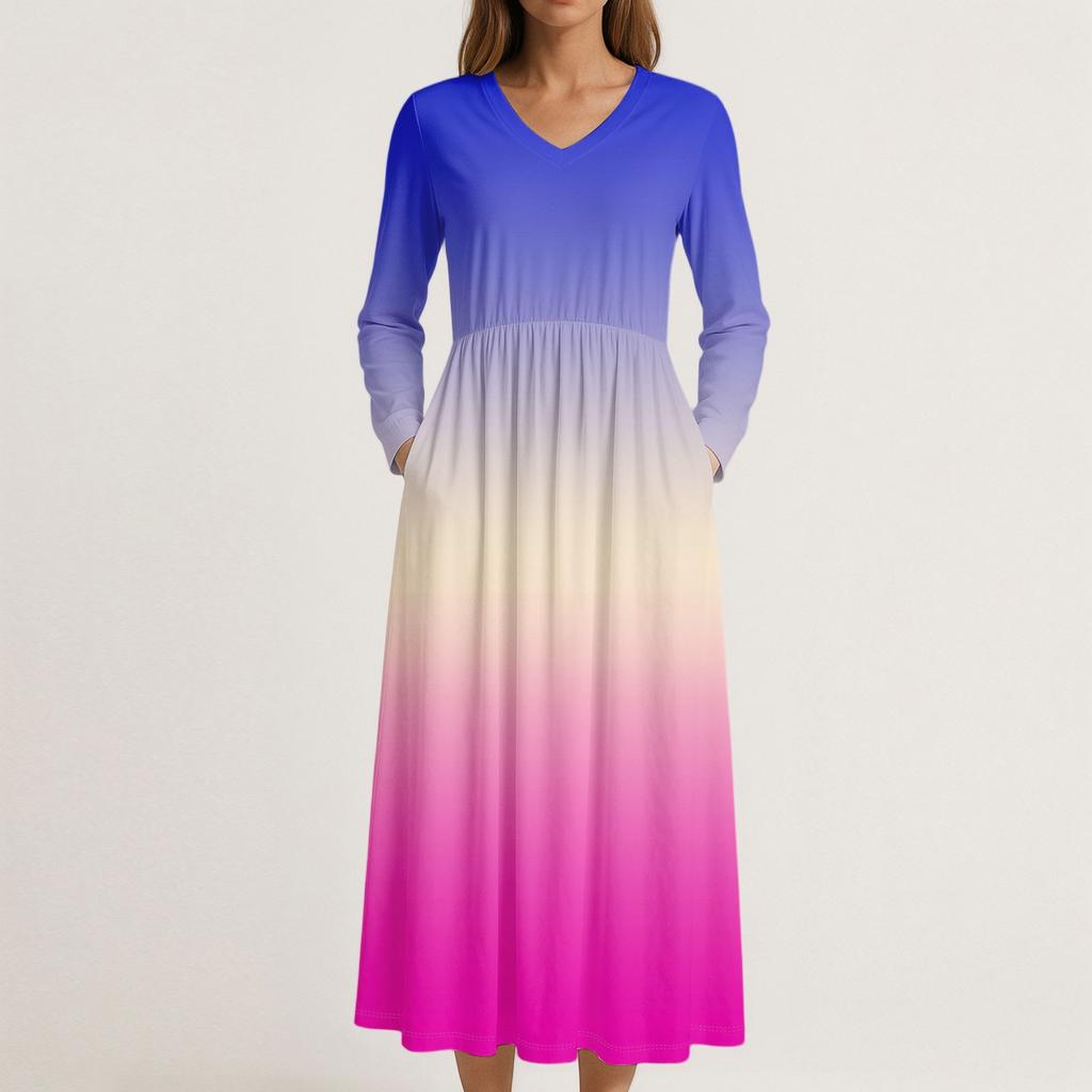 Šaty Pro Ženy Dlouhé Boho Plážové Šaty Elegantní Maxi Šaty Výstřih do V Dlouhý Rukáv Šaty s Kapsami