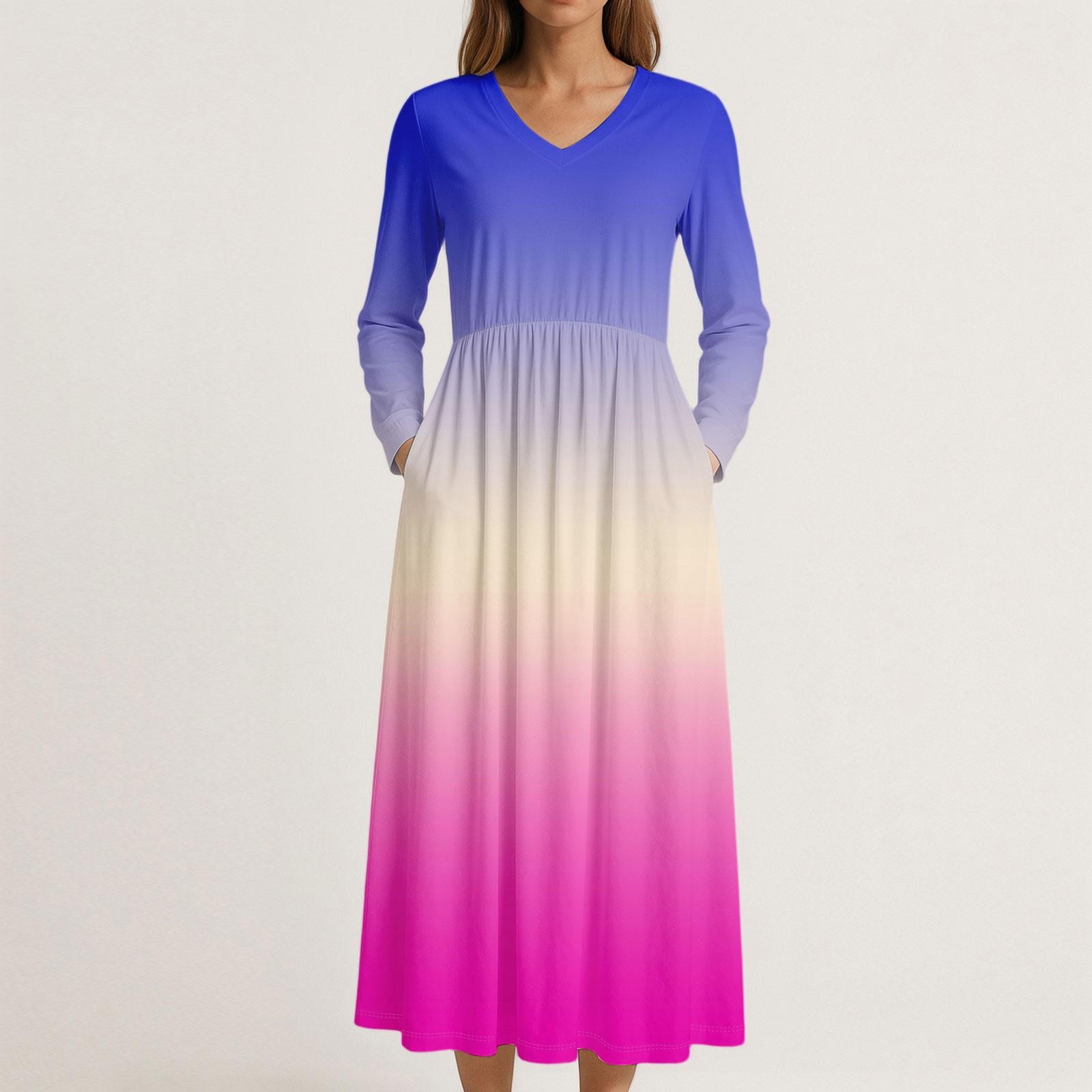 

Платье для женщин длинное бохо пляжное платье элегантное макси-платье V-образный вырез длинный рукав платье с карманами S синий