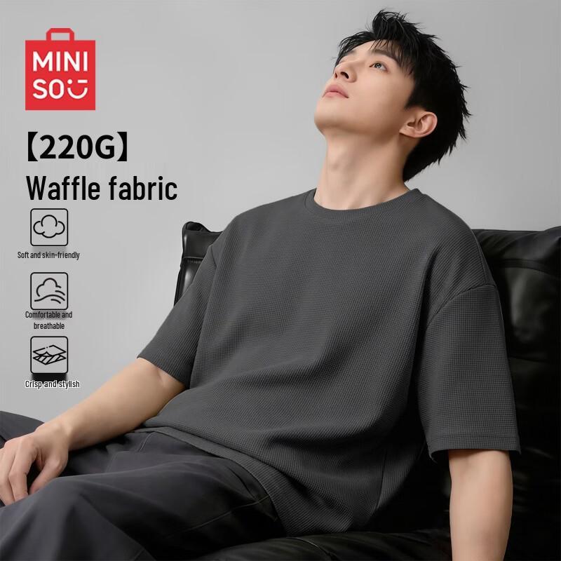 MINISO Men s 220G Waffle Knit Loose Fit Round Neck Short Sleeve T-Shirt L