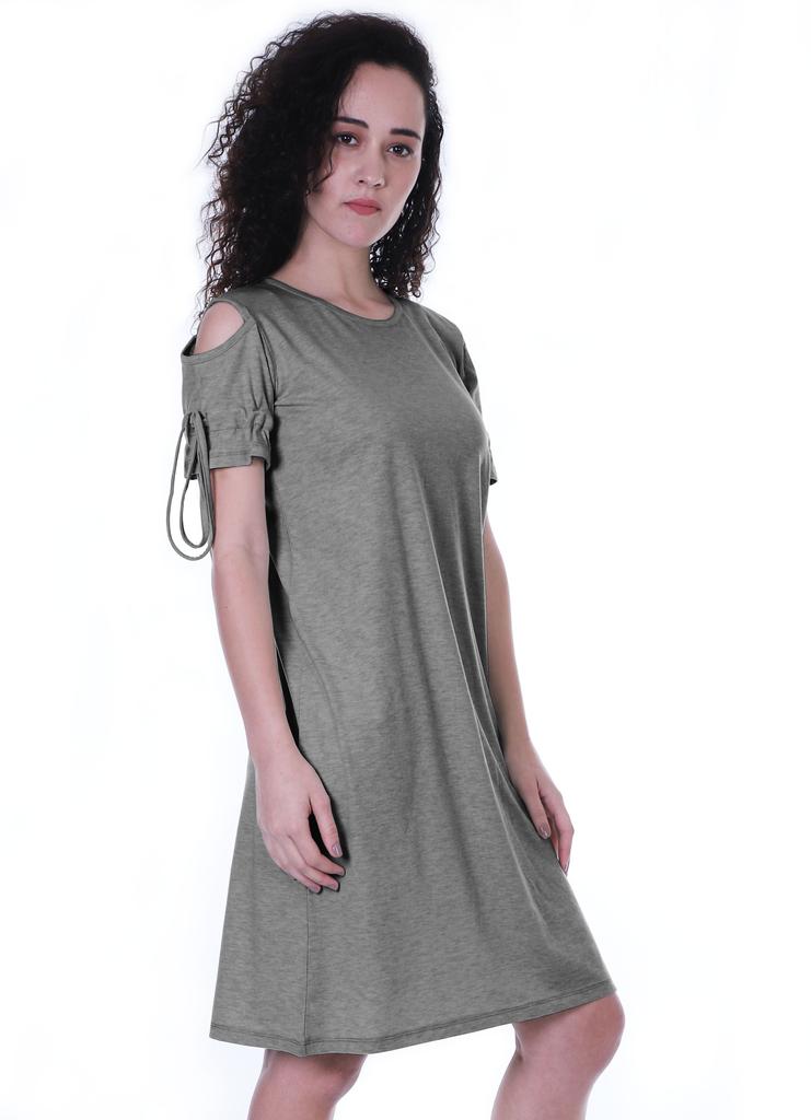 Moomaya Cold Shoulder T-shirt Dress Round Neck Casual Knee Length Summer Dresses For