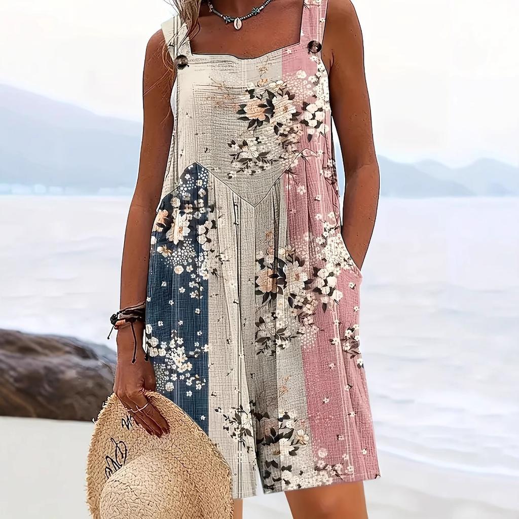 Women's Summer Casual Smocked Rompers Square Neck Sleeveless Loose Shorts Jumpsuits Beach Vacation Outfits