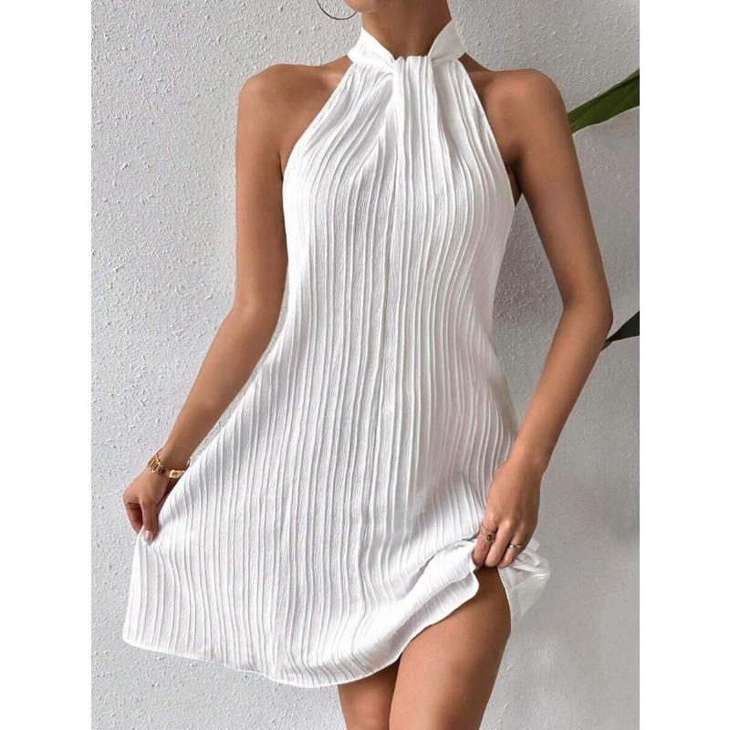 Summer Halter Neck Textured Stripe Sleeveless Mini Dress