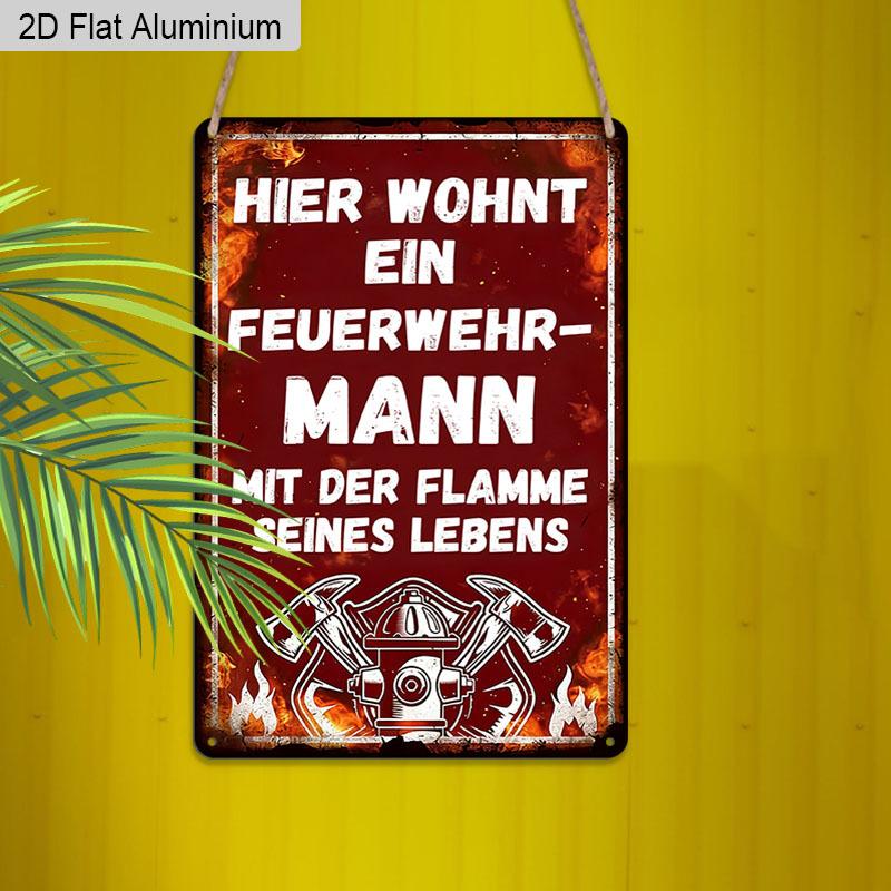 2D Flat 1pc Vintage German Firefighter Aluminium Wall Art Sign, 8x12 Aluminium Rustic Home Decor Fire Station