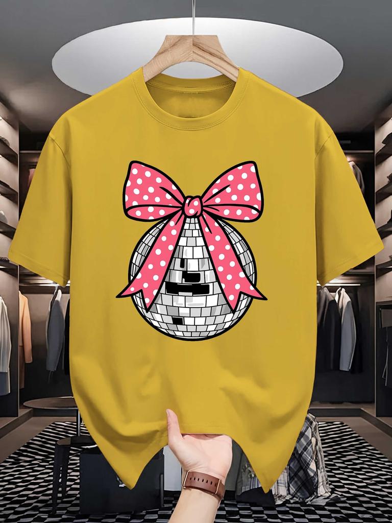 Unisex Cotton Tee Disco Ball Bow Trendy Graphic Print Loose Breathable Summer Crew Neck Casual Street T Shirt Unisex Daily Wear