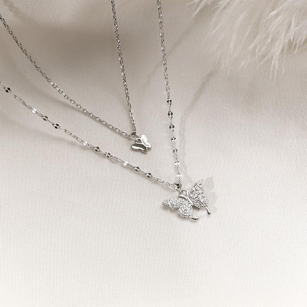 Vintage Layered Crystal Butterfly Necklace Stylish Minimalist Design Pendant Necklaces Gift for Women Teen Girls Girlfriend