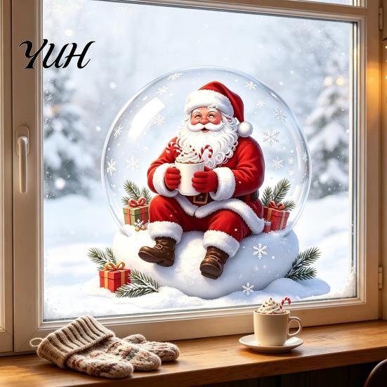 Holiday Window Decoration Christmas Clings Decoration, Cartoon Santa Claus Sticker with Crystal Ball, Ball Wall Stickers Hot Cocoa, Reusable