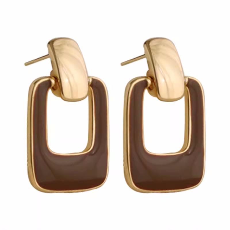 FTCY Vintage Brown Hollow Square Drop Earrings for Women Wedding Party Geometry Metal Earrings Trend Classic Women's Zircon