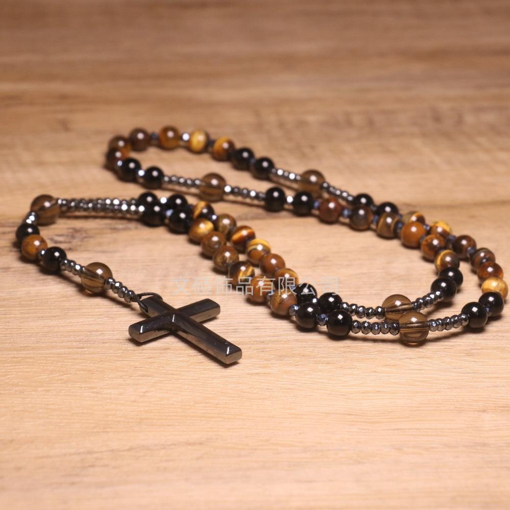 Collier pendentif croix en pierre naturelle, Croix en pierre d'œil de tigre et fer à bille chapelet collier pour homme