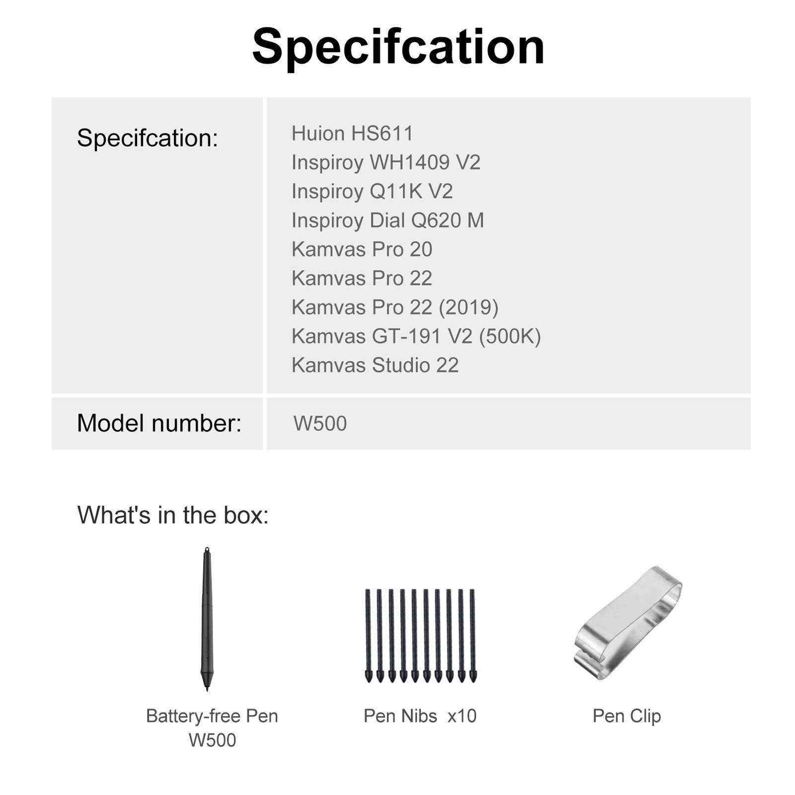 

W500 Battery Pen, 8192 Pressure Levels with 2 Customize Keys, Compatible with HS611 Inspiroy WH1409 V2 Q11K V2 Q620M Kamvas Pro 20 22