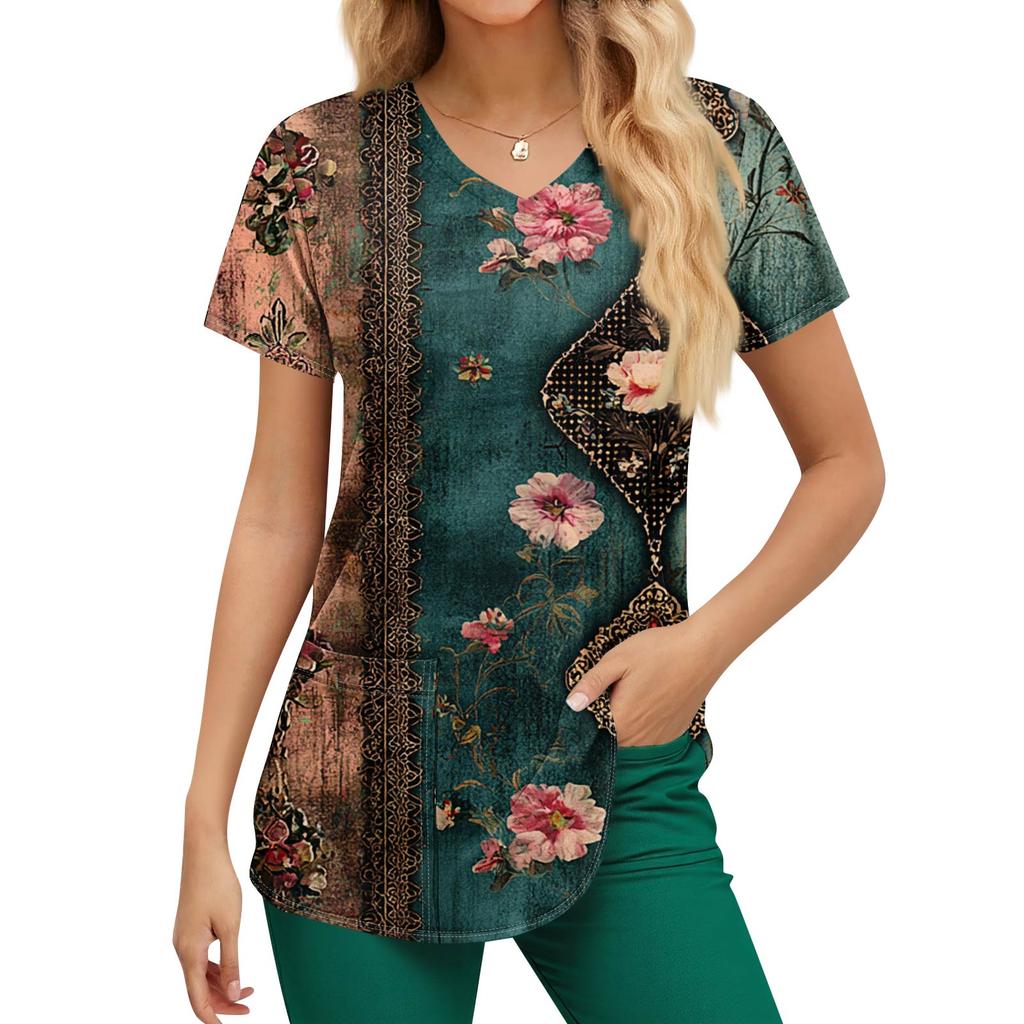 Plus Size Printed Scrub Working Uniform Tops For Women's V-Neck Print Short Sleeve Fun T-Shirts Workwear Tee With Pockets