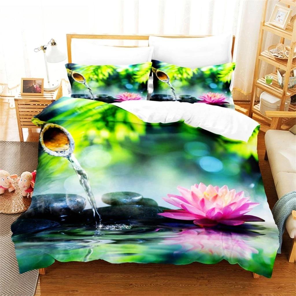 Pink Lotus Duvet Cover Set Stream Water Natural Jingguan Bedding Set Full 200x200 220x240cm For Women Kids Bedroom Decorations