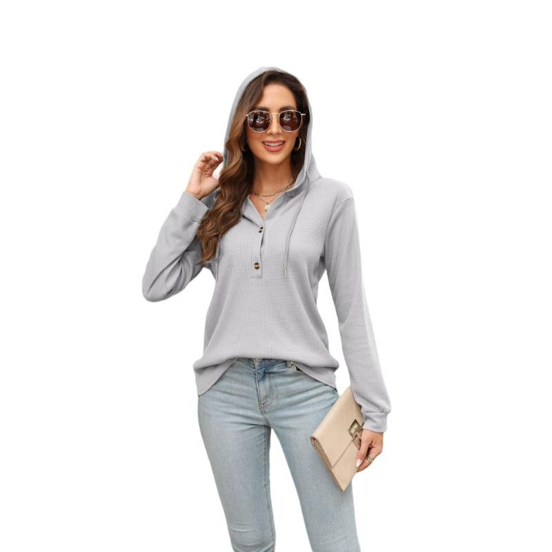 Frühlings- und Herbst-Damen-Sweatshirt mit Kapuze, Waffel-Krawatte, Kapuze, langärmelig