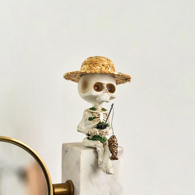 Miniature Resins Skeleton Fishing by Pond Intricate Detailing Figurine Gift for Collectors and Halloween Enthusiasts