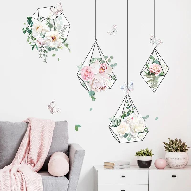 Fresh Flowers Geometric Hanging Basket Wall Stickers Living Room Bedroom Sofa Background Decoration Wallpaper Sticker Home Decor