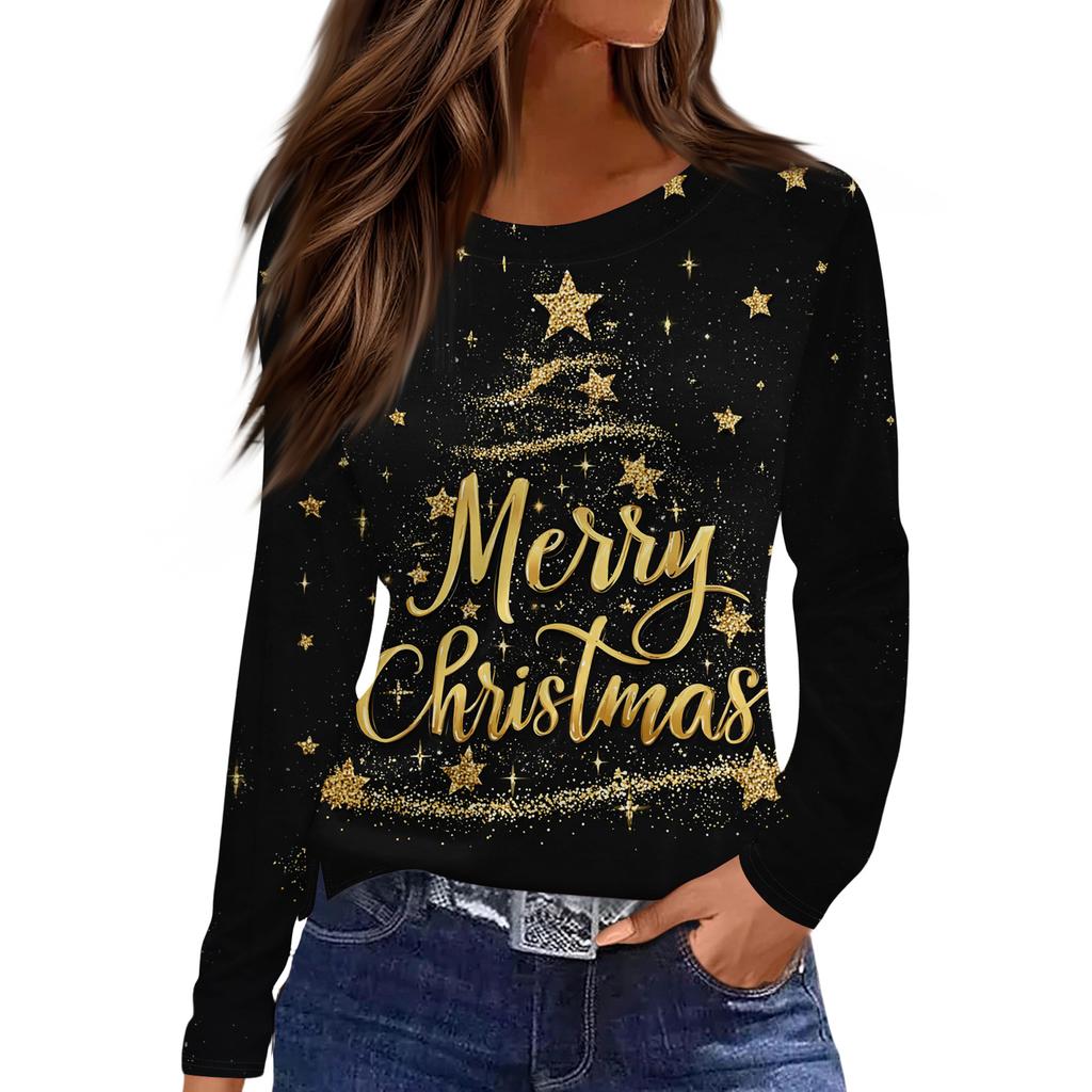 Women's Fashion Casual Slit Hem Round Neck Long Sleeve Loose Christmas Printed T-Shirt Ladies Top