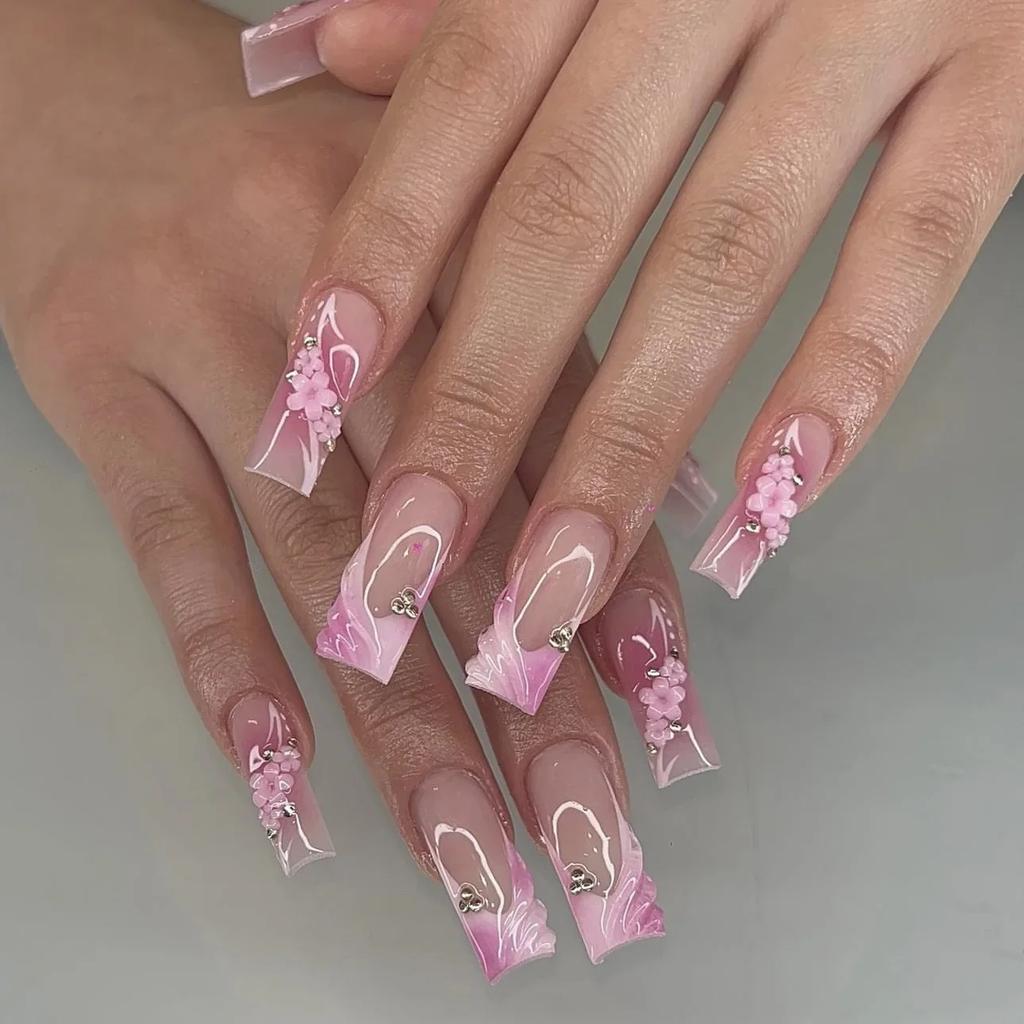 24Pcs Green French Fake Nails With Diamond Gold Butterfly Elegant Long Square Acrylic Artificial Press On Nails