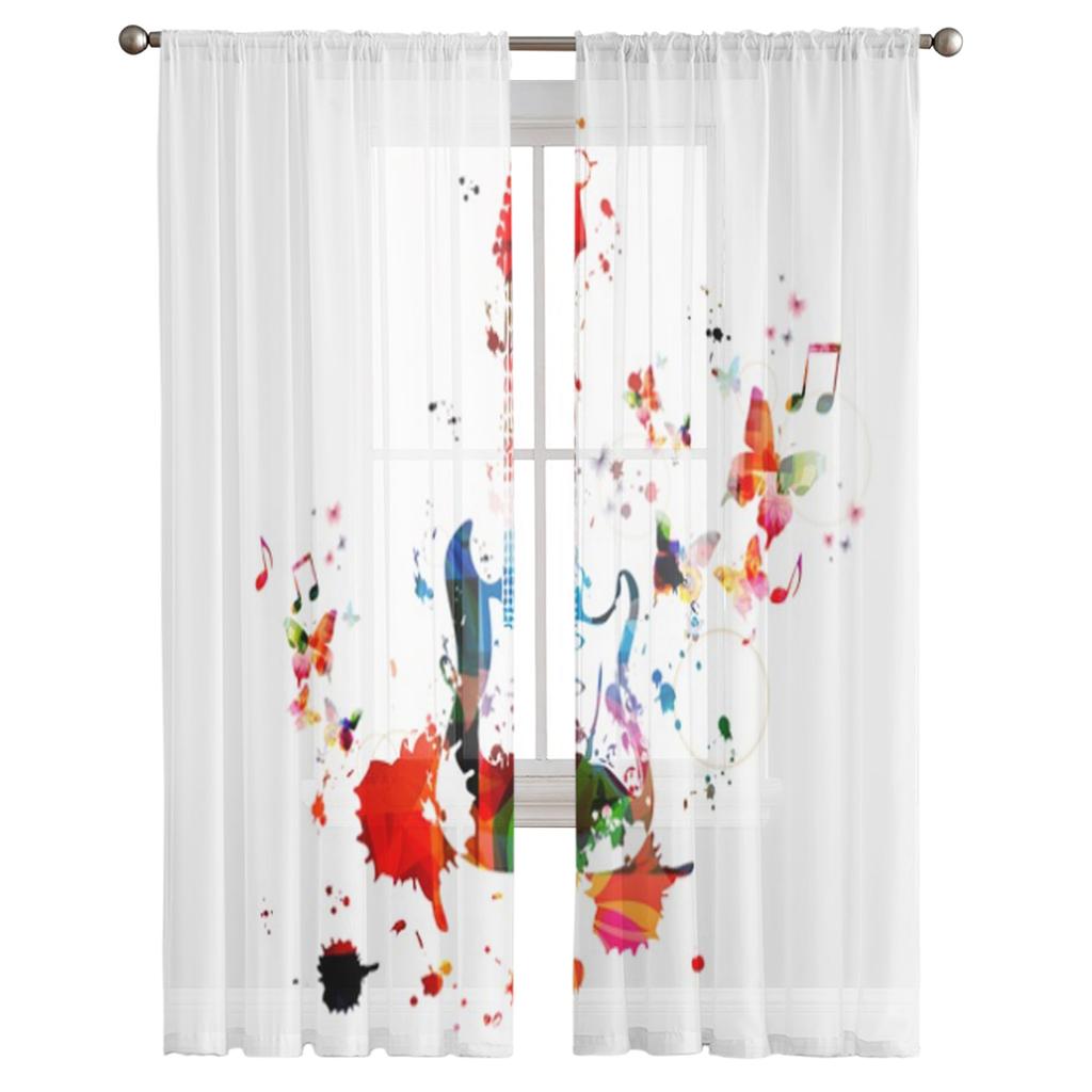 Kolorowa muzyka gitara przezroczyste zasłony do salonu przezroczysty tiul zabiegi okienne sypialnia kuchnia Home Decor welon zasłony