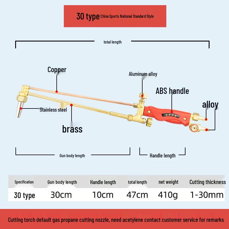 All-Copper Stainless Steel Extended & Thickened Oxygen Acetylene Cutting/Welding Torch Injector, Model G01-30/100/300.
