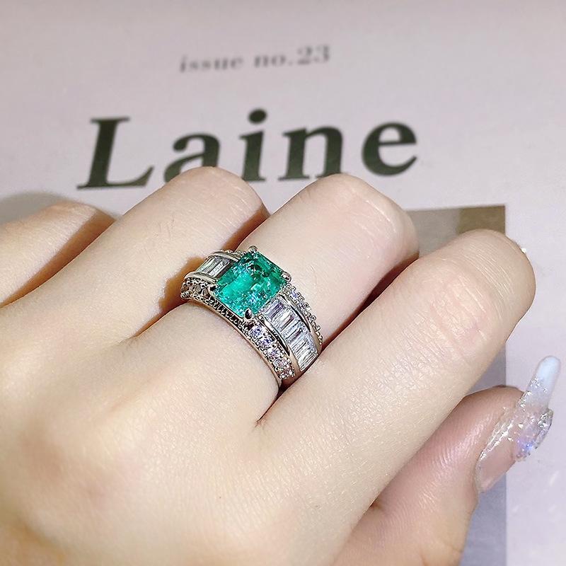 Silver High Carbon Seiko Quality Princess Square Paraiba Ring Ladies Wedding Party Birthday Jewelry Gift