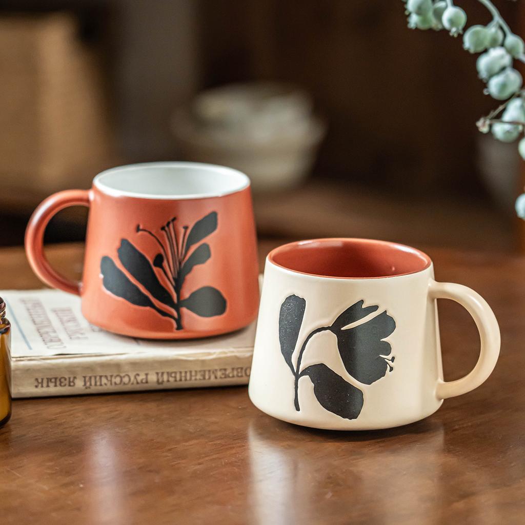 High Value Ceramic Mug Relief Flower Breakfast Cup Household Cup Cup Large Capacity Coffee Cup Water Cup
