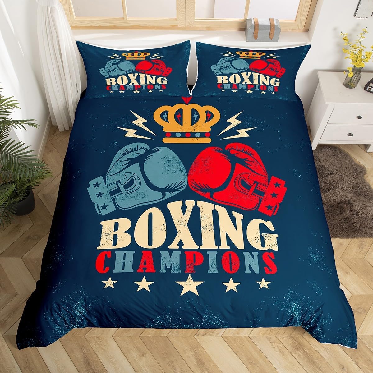 

Boxing Duvet Cover Twin QueenSports Game Theme Bedding Set Boxing Gloves Quilt CoverAthlete Silhouette Pattern Comforter Cover EU Single(135x200cm)
