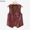 ZANZEA Women Casual V-Neck Sleeveless Faux PU Leather Cardigan Vest