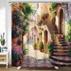 Europäischer Straßen-Duschvorhang Blumenallee Steinstraße Design Mediterrane Kunst Romantische Heimdekoration Wasserdicht Bedrucktes Badezimmer