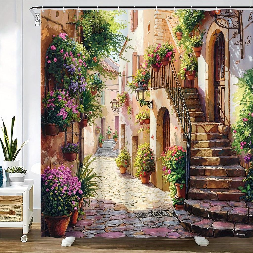 Europäischer Straßen-Duschvorhang Blumenallee Steinstraße Design Mediterrane Kunst Romantische Heimdekoration Wasserdicht Bedrucktes Badezimmer