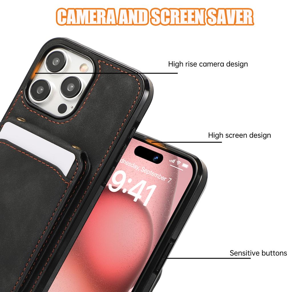 For iPhone 15 Pro Case Card Holder Kickstand Leather + TPU Phone Cover with Shoulder Strap
