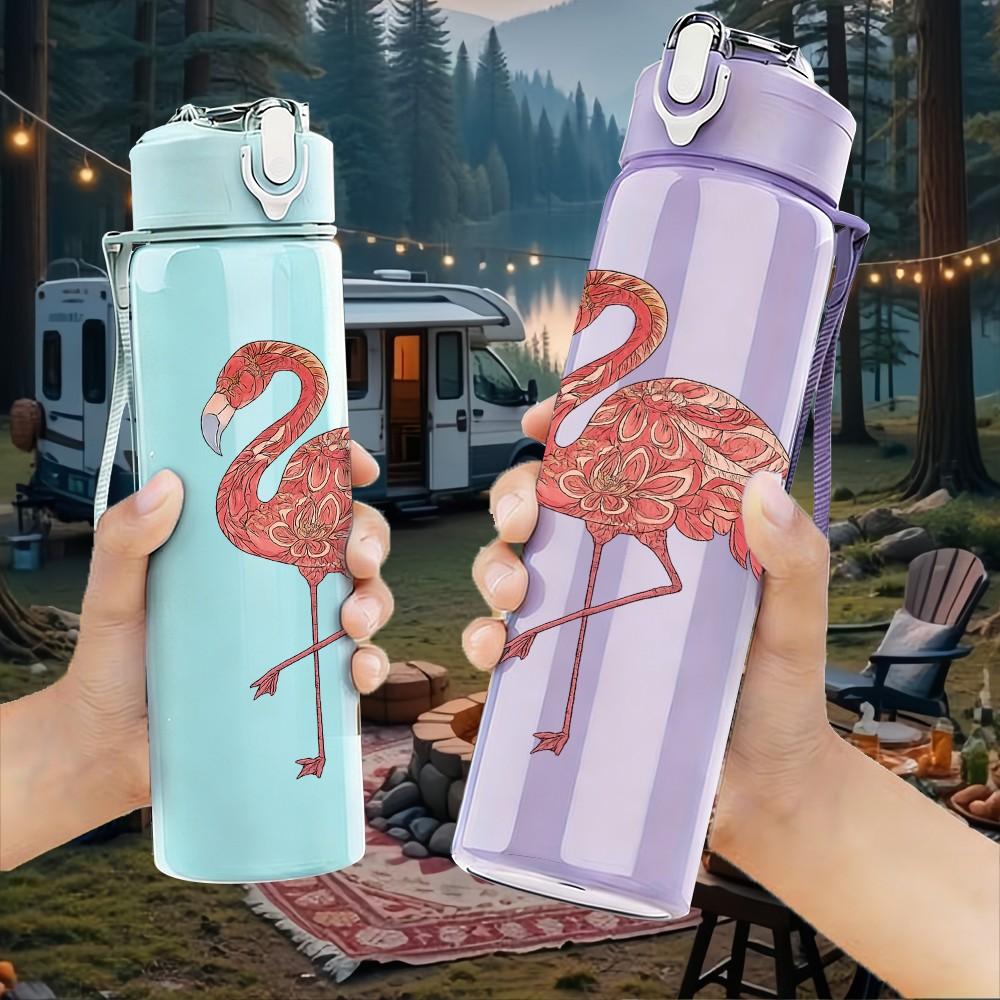 1PC Retro Pink Flamingo Illustration 750ml Color Plastic Sports Water Bottle Leakproof Flip Straw Lid Suitable for Sports Office Home Use