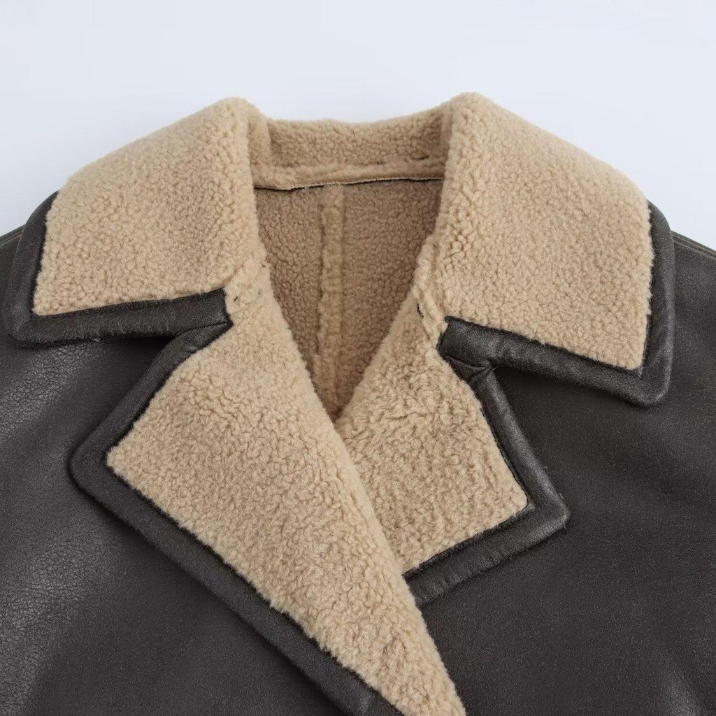 Autumn 2024 Women's Loose Mid-Length Lapel Shearling Double-Faced Coat Jacket