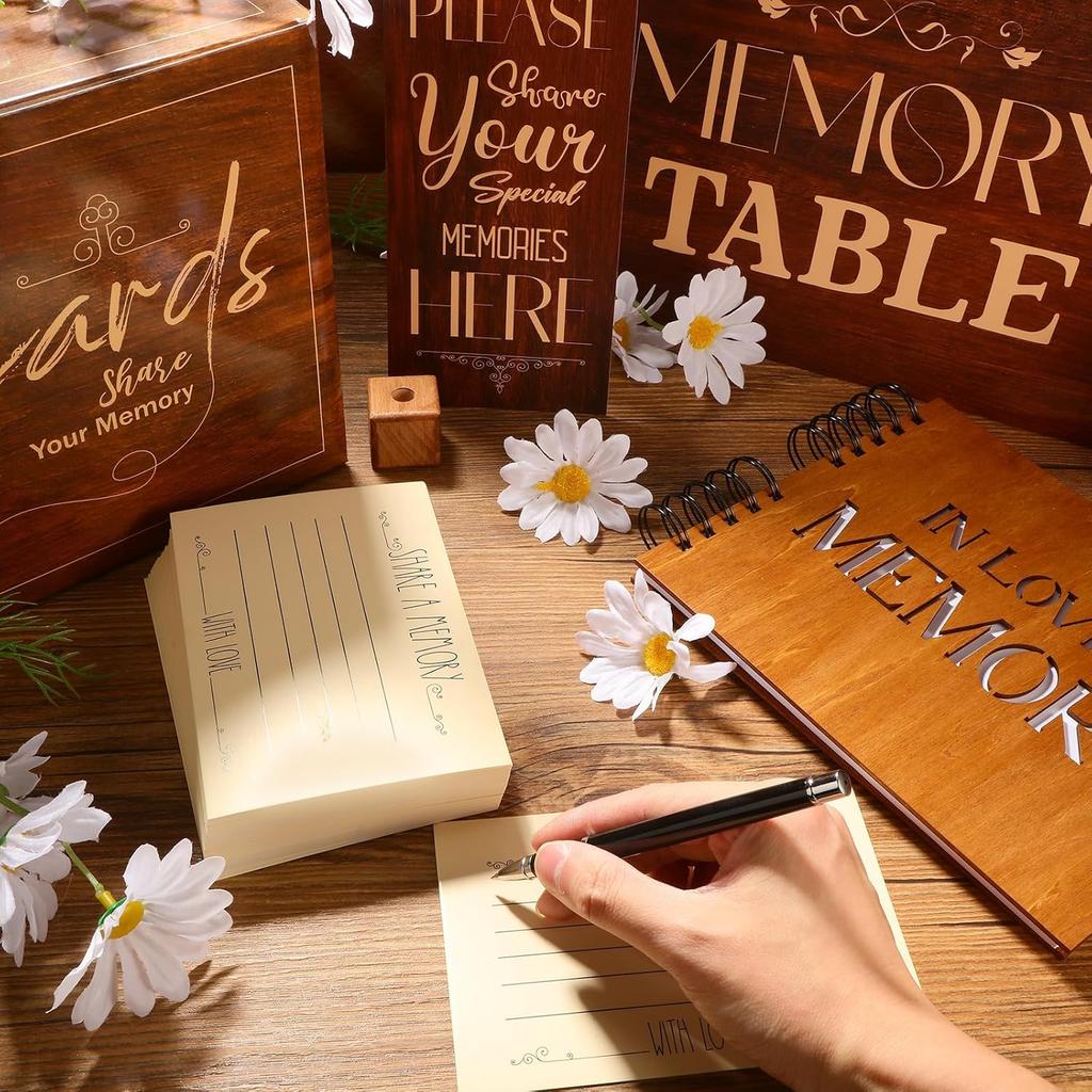 66 Pcs Funeral Guest Book Set Share a Memory Cards Memorial Box Guest Book Pen Wooden Pen Holder Funeral Decorations Memory Table Signs for