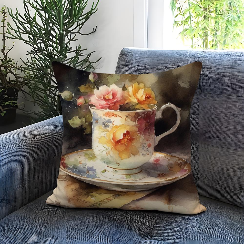 Popular C-CCup of Flowers Cushion Cover Comfortable Reversible Pillow Cover Ideal for Car Sofa Bedroom & Beyond