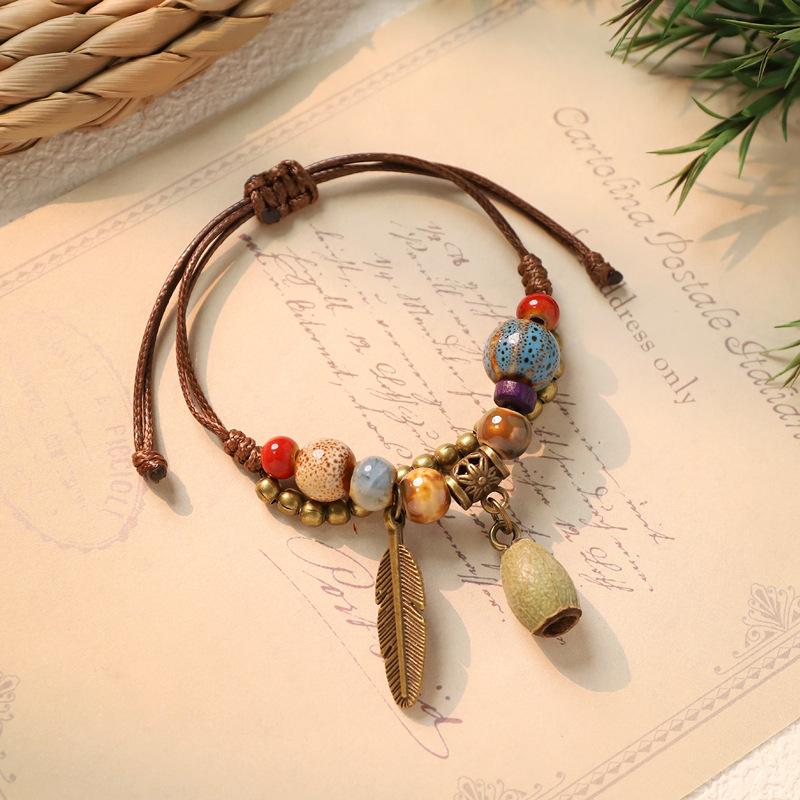 Adjustable Hand Woven Bracelets Women Ceramics Natural Plant Acorn Hand Strap Vintage Forest Series Beaded Rope Chain