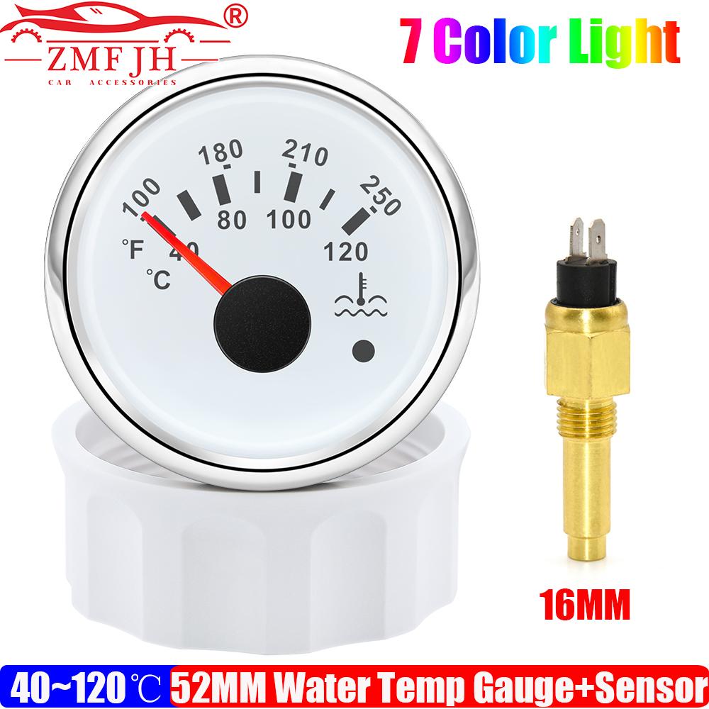 7 Color LED 52MM Water Temperature Gauge + Water Temp Sensor 12MM,14MM,16MM,17MM,21MM for Marine Boat Yacht Car Flash Warning