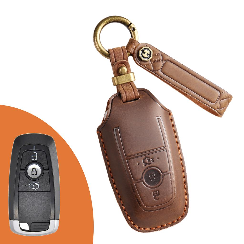 Retro key cover is suitable for Ford Focus Mondeo cover, sharp edge leather shell, pure handmade key bag chain.