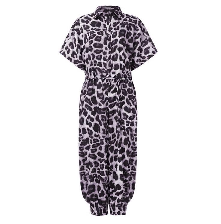 2020 Women's European Retro Leopard Print Short Sleeve Jumpsuit, Loose Plus Size, High Waist, Leg-Slimming Design