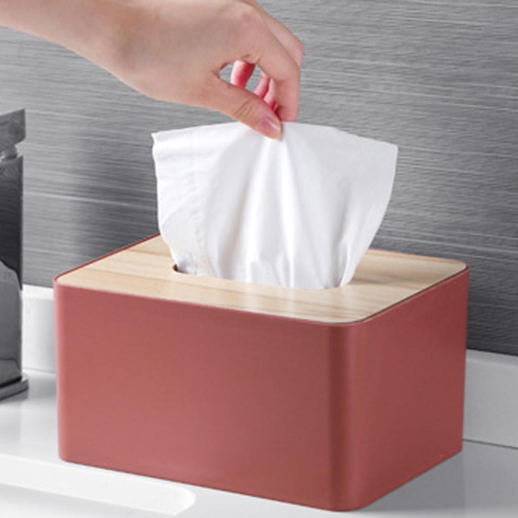Desktop Tissue Box Rectangular Plastic Tissue   Box Cover with Wooden Lid for Home