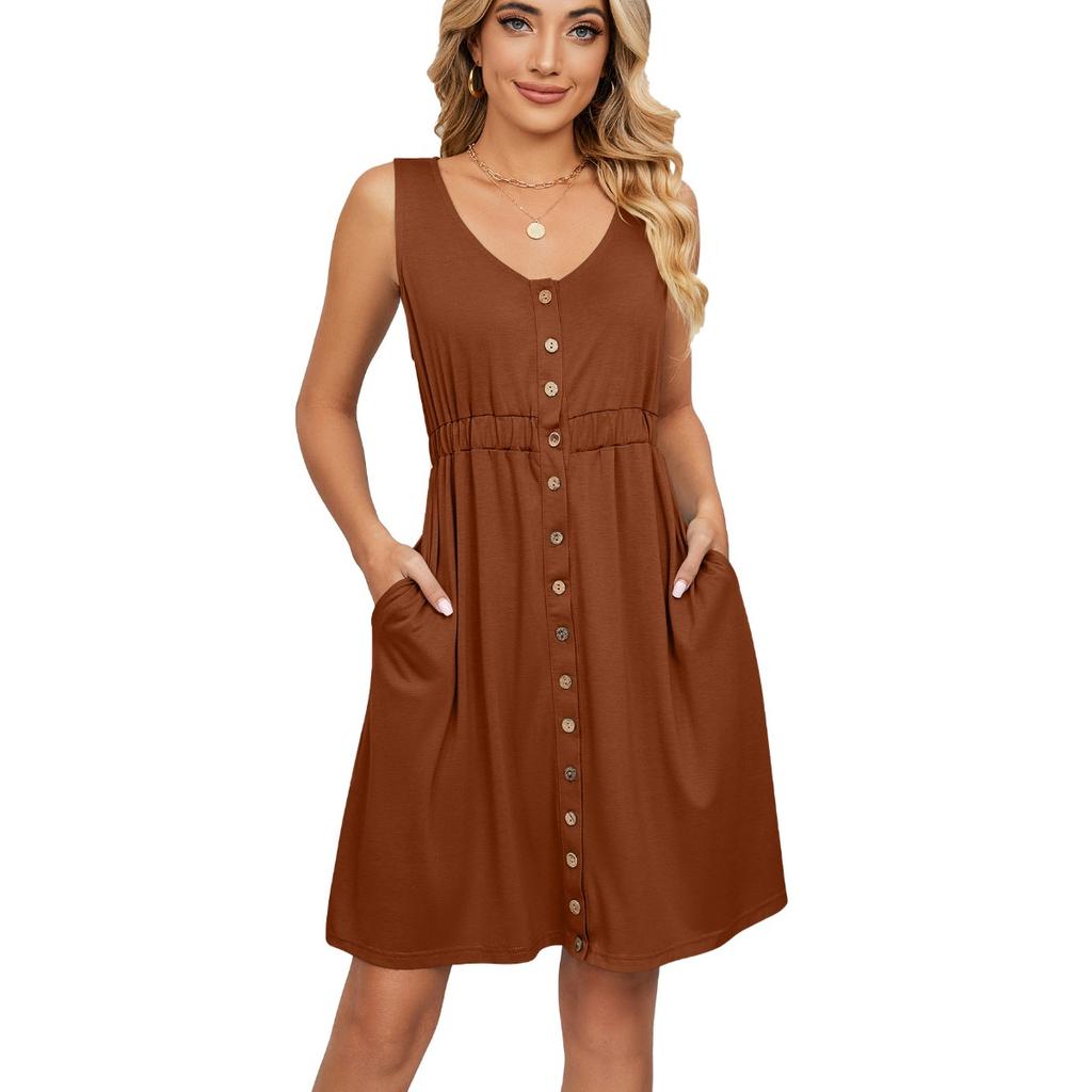 Solid Color Sleeveless Waist-tied Dress, Button Pocket Crew Neck Split Midi Dress, Spring Summer Casual Dress for Women Europe America Cross Border