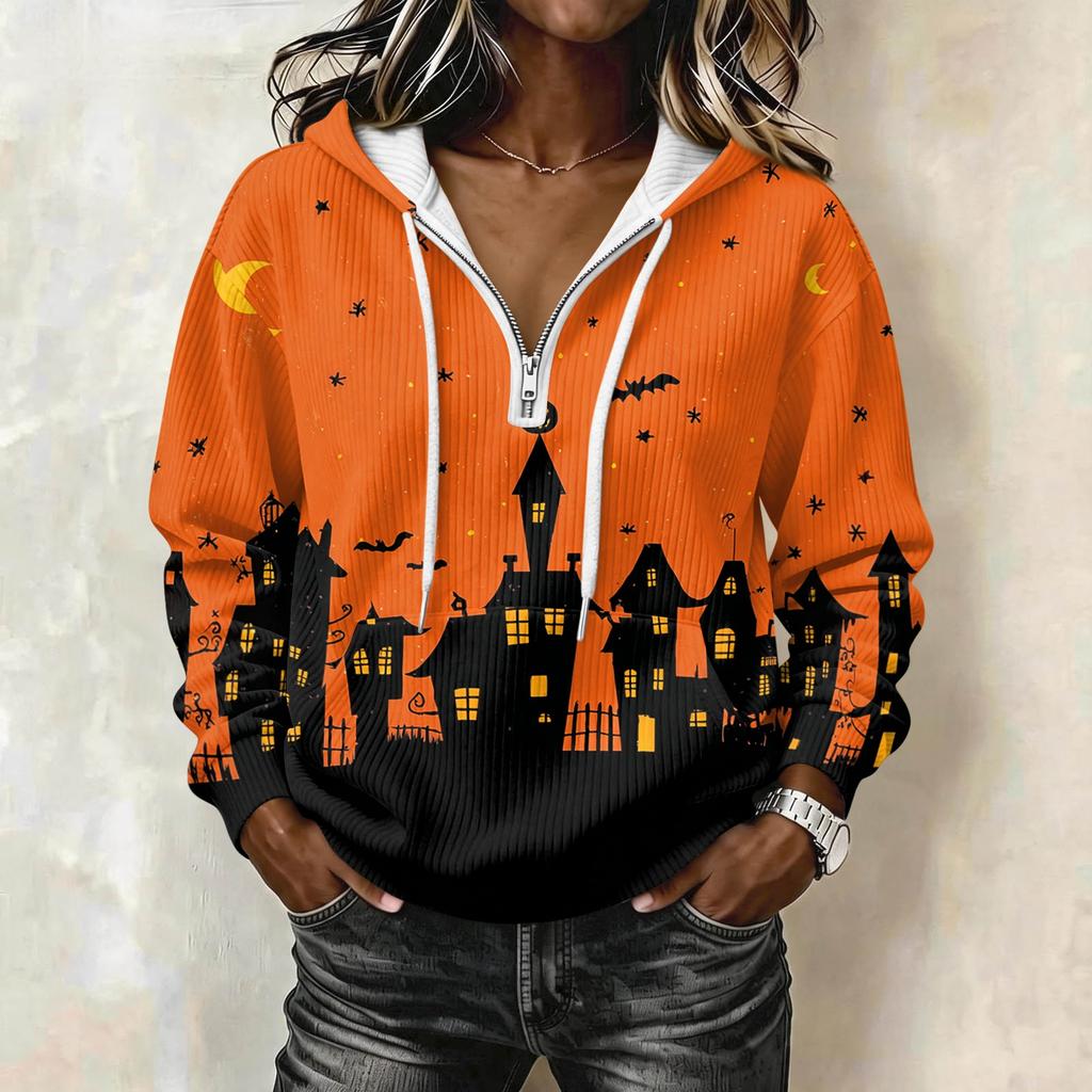 Women's Halloween Printed Long Sleeve Hoodie Drawstring Pullover Sweatshirt