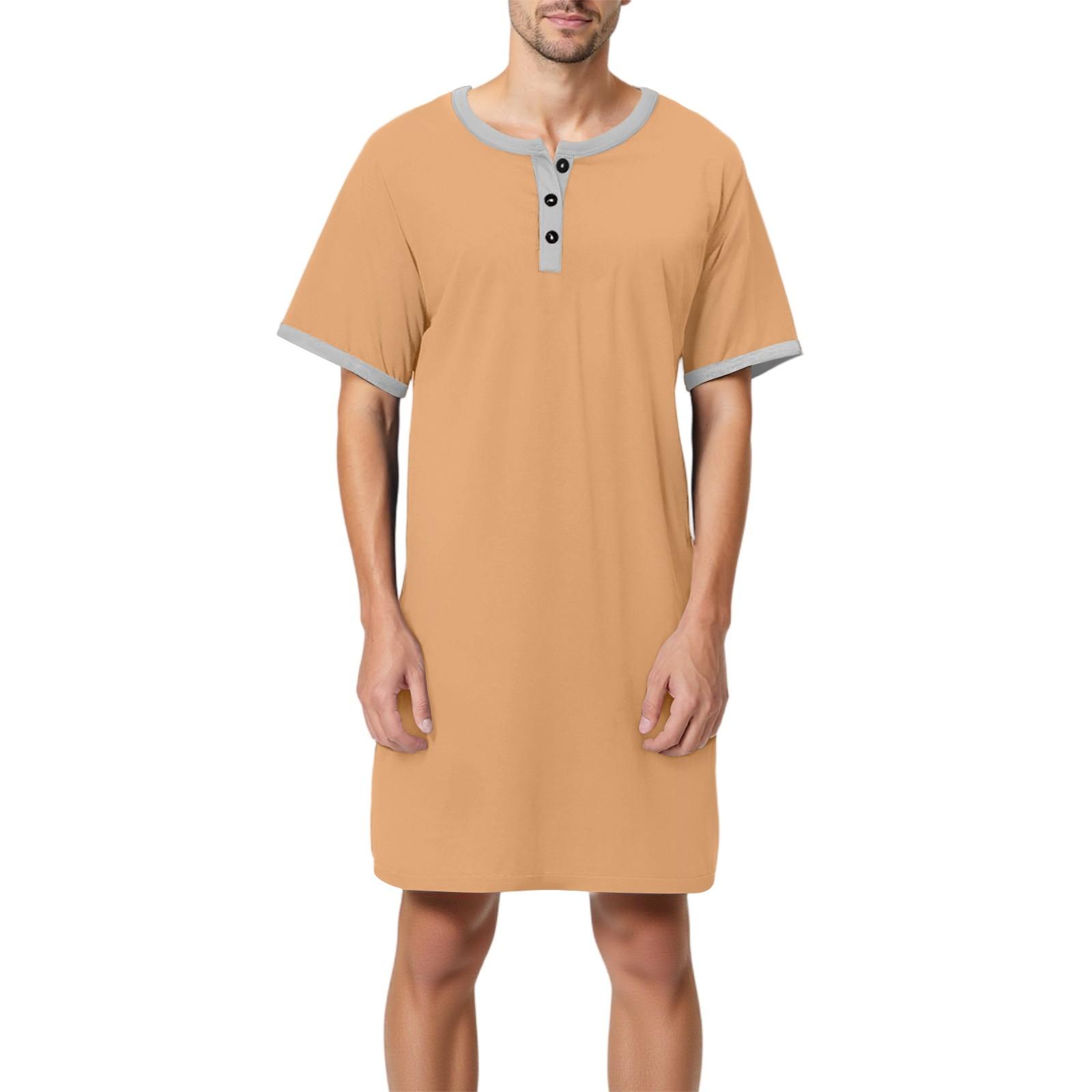 

Мужская однотонная хлопковая пижама с коротким рукавом, рубашка на пуговицах с отложным воротником, длинная свободная пижама, домашняя одежда XL светло-коричневого