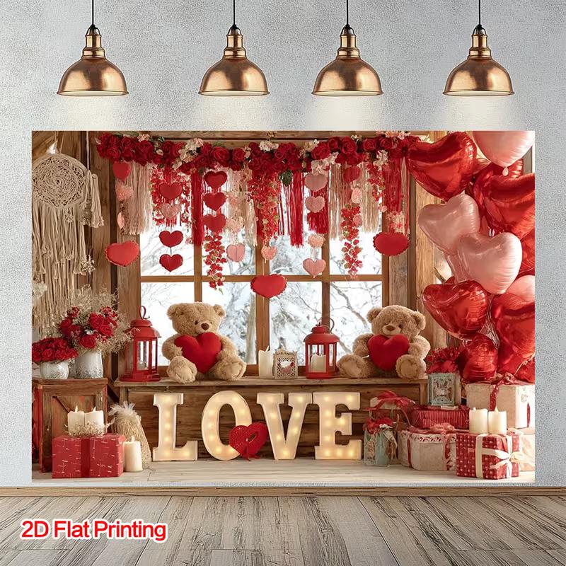 2D Boho Rustic Valentine Tapestry, Red Hearts, Flowers & Teddy Bears 47.2x31.5inch/120*80cm