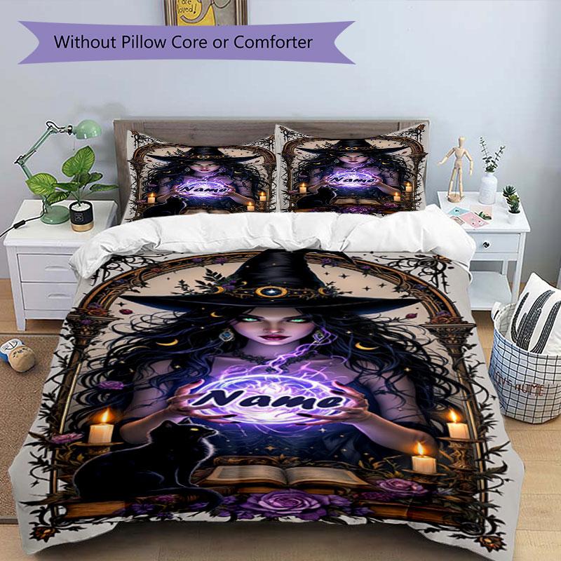 3pcs Custom Name Witchcraft Magic Bedding Set Printed Bedding Set Duvet Cover Closure Includes 1 Duvet Cover & 2 Pillowcases Bedroom Decor