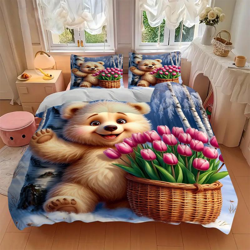 3pcs Anime Cartoon Bear with Pink Tulips Bedding Set - Includes One Quilt Cover and Two Pillowcases (No Core) - Festive Gift for Bedroom Dec