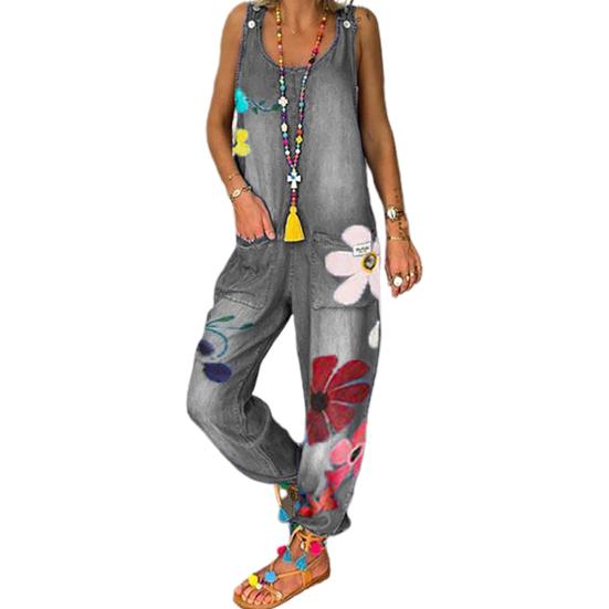 Floral Print Women Jumpsuit Deep Pockets One-piece Long Pants Sleeveless U Neck