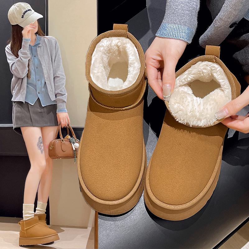 

Fleece snow boots women wear thick-soled winter fur integrated short boots thickened non-slip cotton shoes 35 хакі
