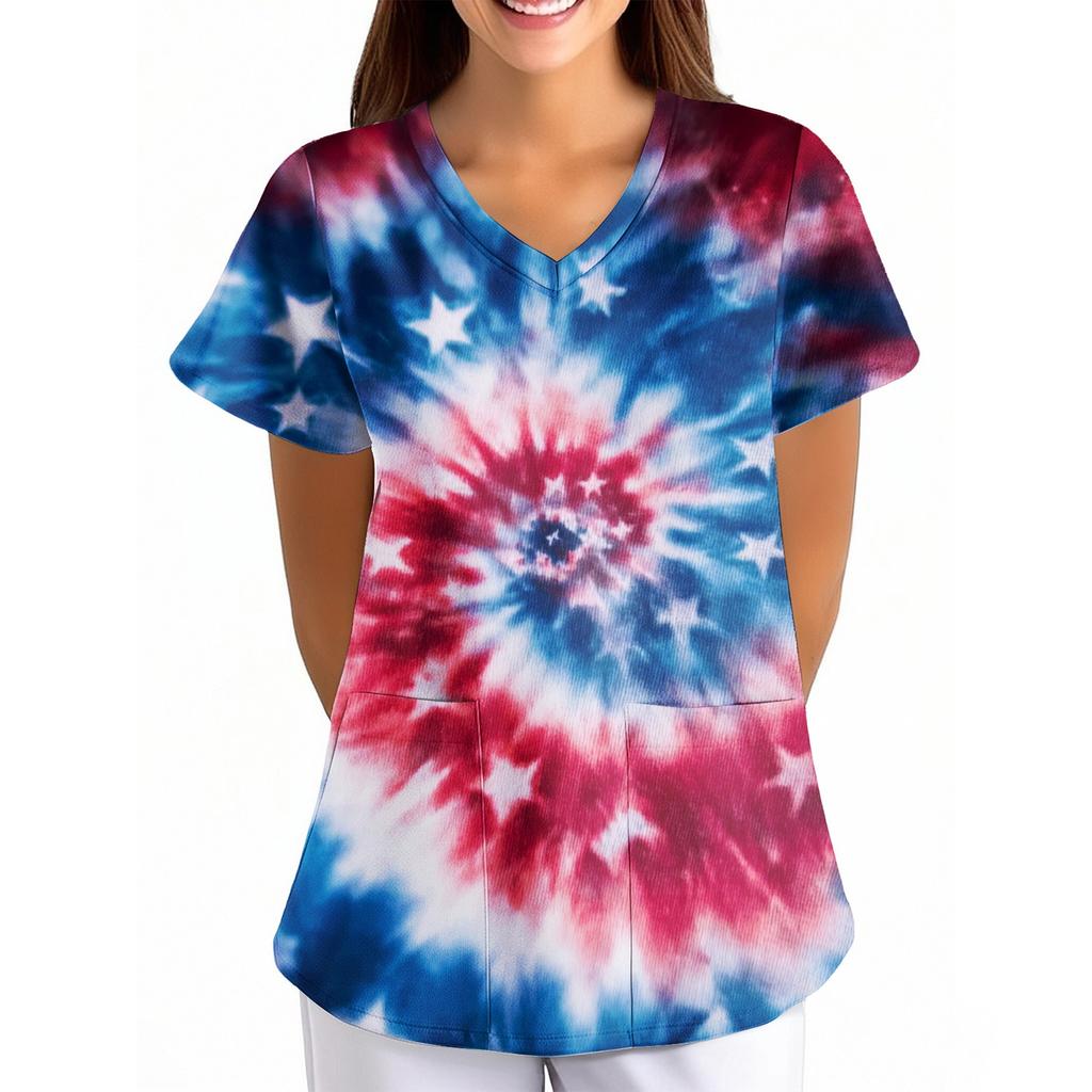 Women's Independence Day Printed Loose V-Neck Pocket Short-Sleeve Caregiver/Uniform