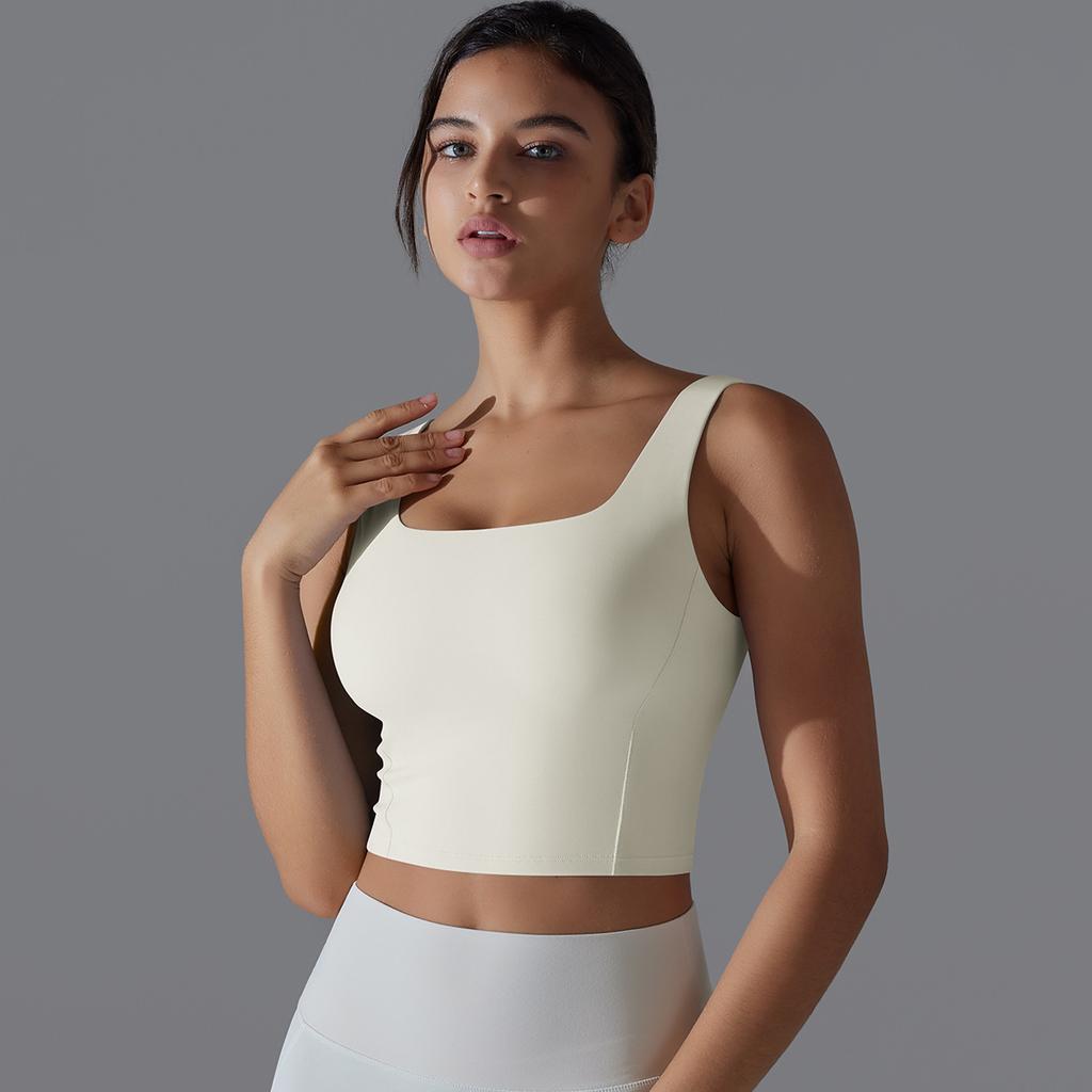 New Naked One Piece Fixed Cup Yoga Clothing For Women, Sleeveless Short Sports Underwear, Wide Shoulder Strap Yoga Tank Top