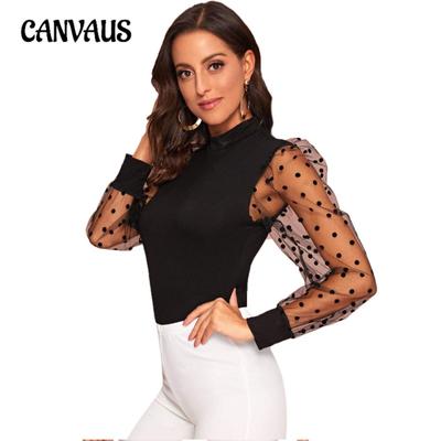 Top da donna in pizzo elasticizzato ampio trasparente a pois a maniche lunghe