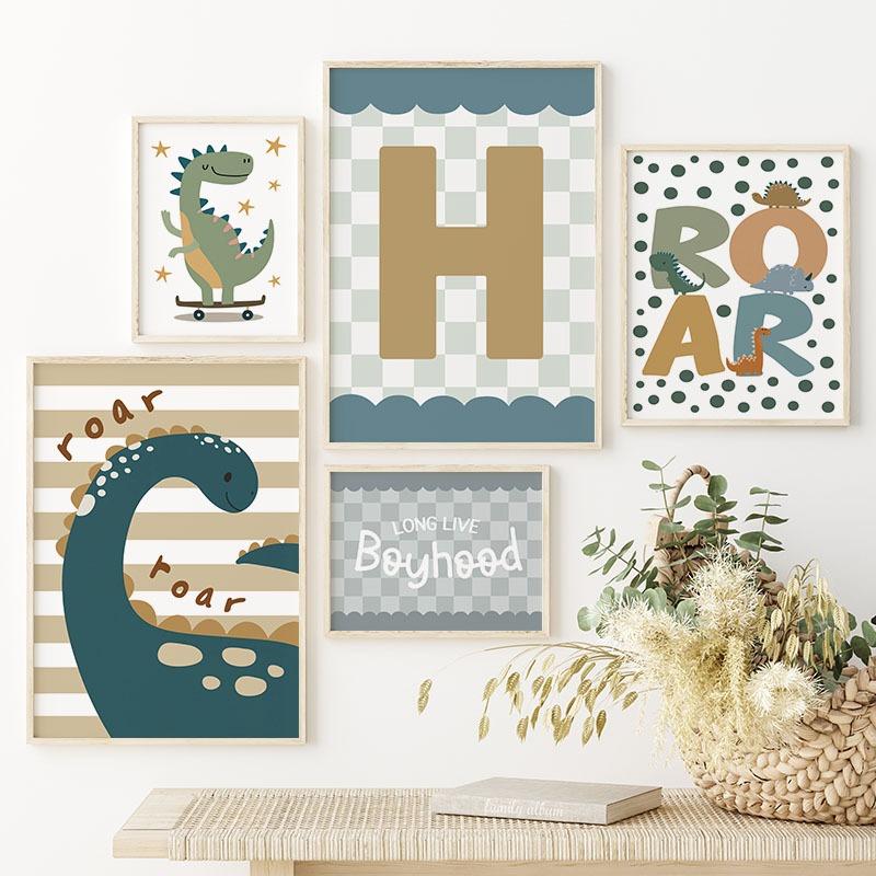 Cartoon Dinosaur Custom Baby Name Wall Art Canvas Painting Nordic Dino Posters And Prints Wall Pictures Children Kids Room Decor